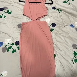 dusty rose midi dress with side cut outs and slit on left leg